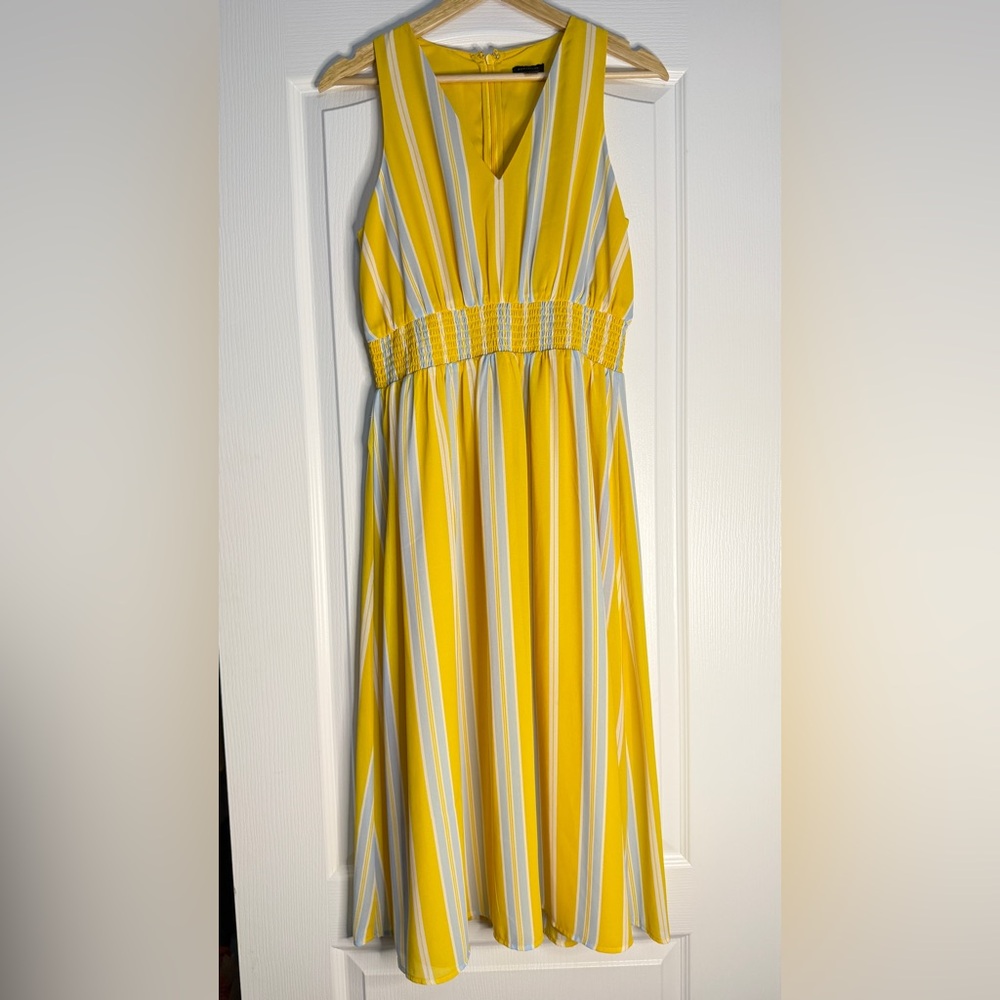 Ann Taylor Yellow and White Striped Midi Dress, Size Small